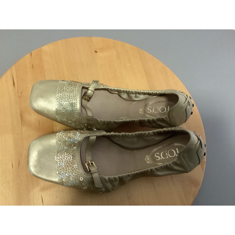 Tods Gold Leather 39 Sequin Mary Jane Degas Flats Square Toe Pebbled Sole Italy